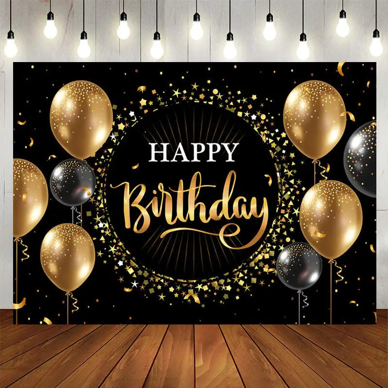 Aperturee Black Golden Balloon Star Circle Birthday Backdrop