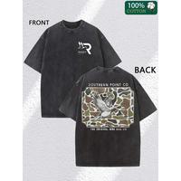 Camo Shield Double Sided Graphic Print Fine Washed Old Batik Thickened Cotton Washed T-shirt Men's Fashionable Casual Fine Te...