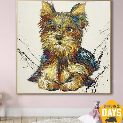 Original Oil Abstract Silky Terrier Painting Fine Art Yorkshire Terrier Dog Colorful Modern Wall Art Frame Painting | CUTIE 2...