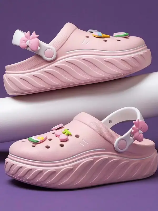 Women's Summer 2024 Cute Cartoon Fruit & Letter & Bow Design Decoration Clogs, Casual Comfortable Beach Sandals, Soft Chunky ...