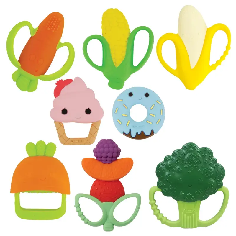 Soft Silicone Baby Teether - Sensory Exploration and Teether with Easy to Hold Handles - Carrot, Banana, Broccoli, Corn, Ice ...