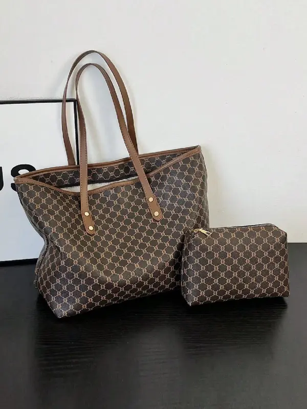 Women's Geometric Pattern Tote Bag with Makeup Bag, Fashionable PU Leather Shoulder Bag with Mini Bag, Casual Versatile Large...