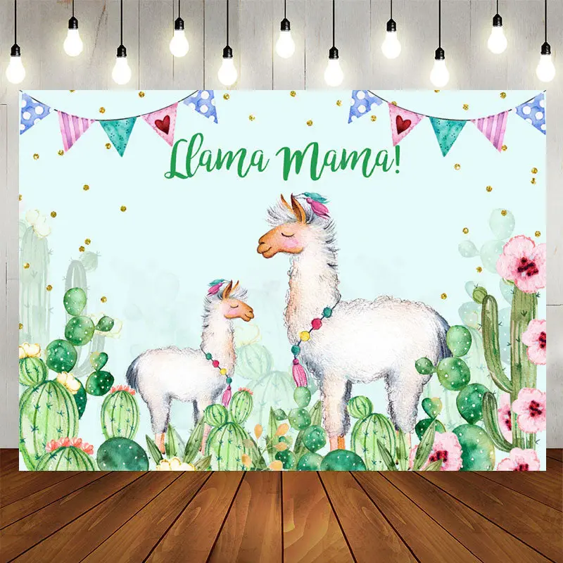 Aperturee Llama Mama Green Cactus Gold Dots Theme Party Backdrop