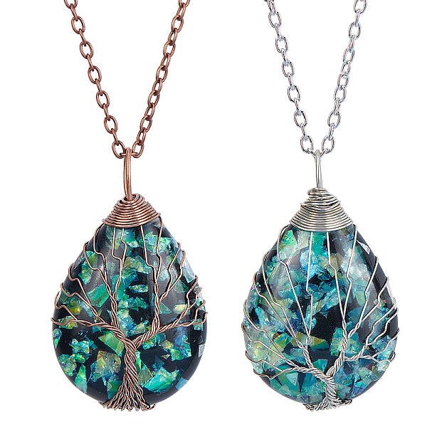 BENECREAT 4Pcs Tear Drop Abalone Shell Pendent Necklace Copper Wire Wrapped Handmade Jewelry