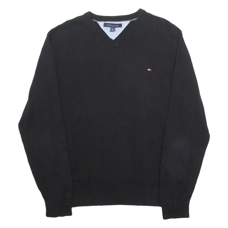 TOMMY HILFIGER Mens Jumper Black V-Neck Tight Knit L