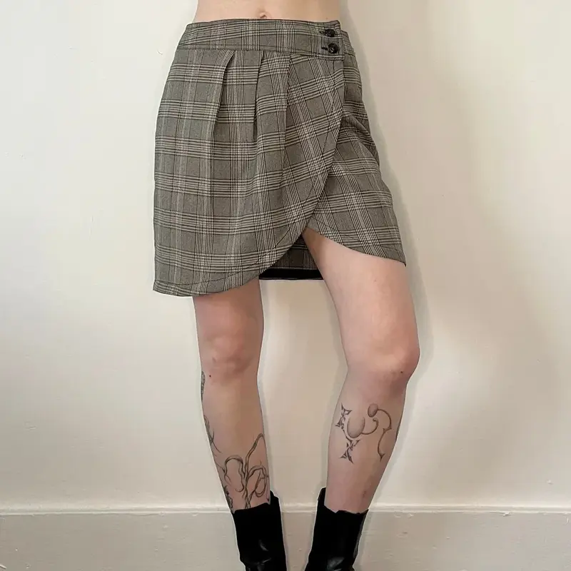Unbranded Checked Mini Skirt - 27W UK 8 Beige Cotton Blend