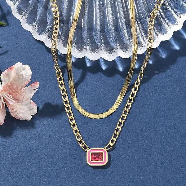 304 Stainless Steel Rhinestone Rectangle Pendant Double Layer Necklaces for Women