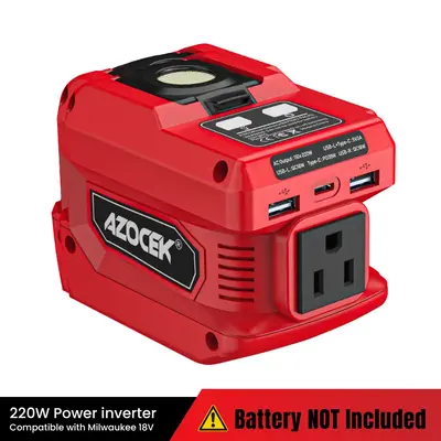 Azocek 220W Power Inverter Compatible with Milwaukee 18V Battery Portable DC 18V to AC 110V Power Station with 1 AC Outlet, 2...