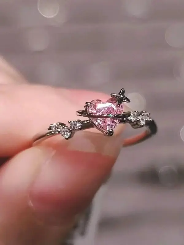 Elegant Heart Design Rhinestone Decor Cuff Ring,  Minimalist Cute Style Promise Ring, Fashion Matching Jewelry Accessories f...