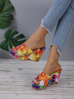 Summer Stylish Floral Print Slip-on Wedge Sandals for Women, Toe Sandals for Women, Comfy Boho Style Fashionable Wedge Sandal...