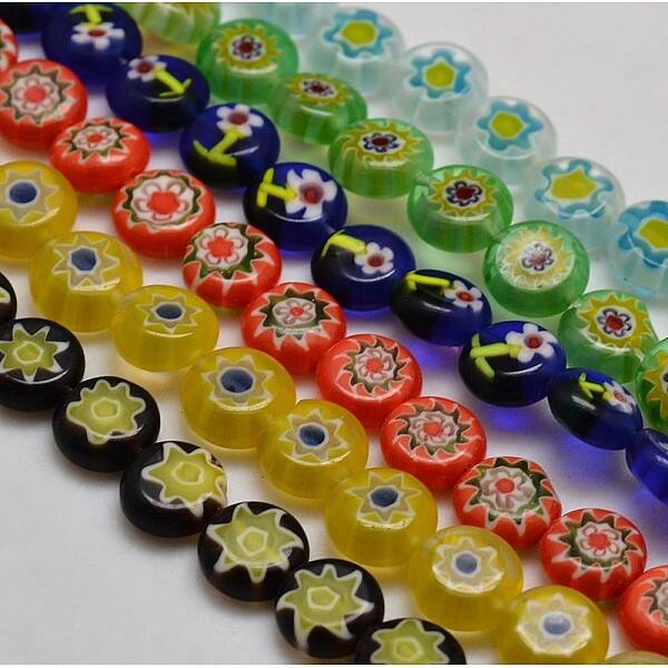 Handmade Millefiori Glass Flat Round Bead Strands