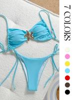 Women's Solid Starfish Decor Ruched Backless Bikini Set, Casual Fashion Adjustable Spaghetti Strap Swim Top & Tie Side Swim B...