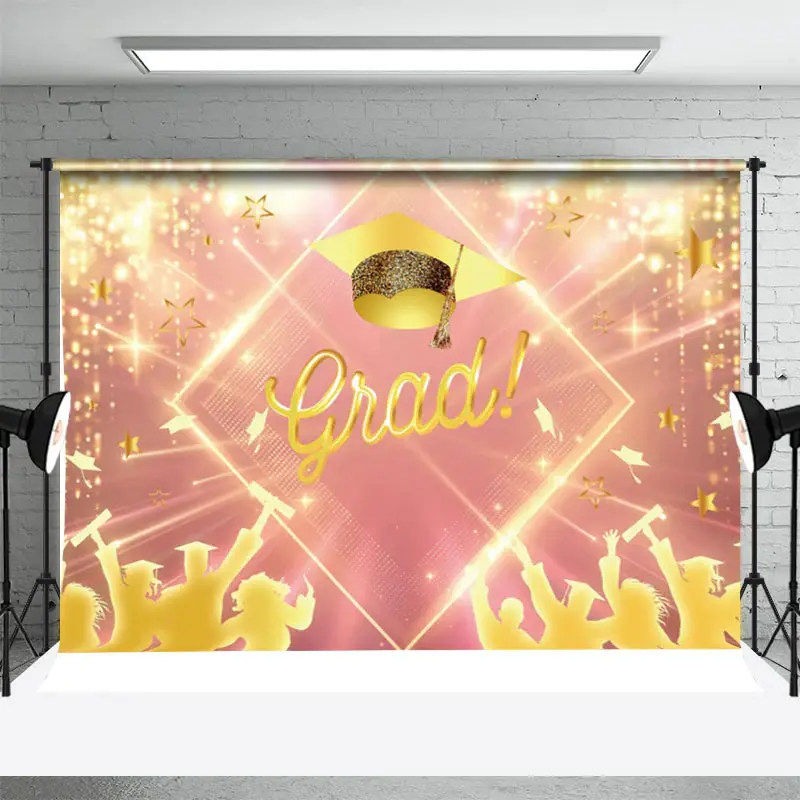 Pink Golden Hat Bokeh Stars Graduation Backdrop - Aperturee