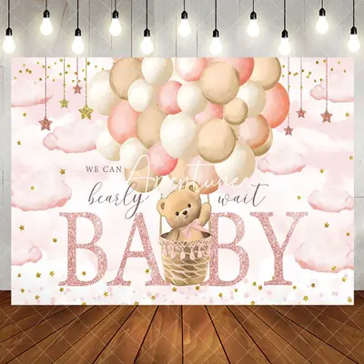 Aperturee Pink Starry Night Balloons Bear Baby Shower Backdrop, 5X3FT(1.5X1M), 15.07 USD, baby shower backdrops, NYHD1I15-E