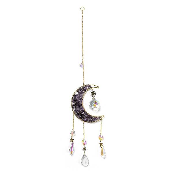 Wire Wrapped Natural Amethyst Chip Moon Pendant Decoration