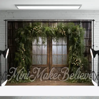 Floral Green Leaves Cabin Wood Door Spring Backdrop - Aperturee