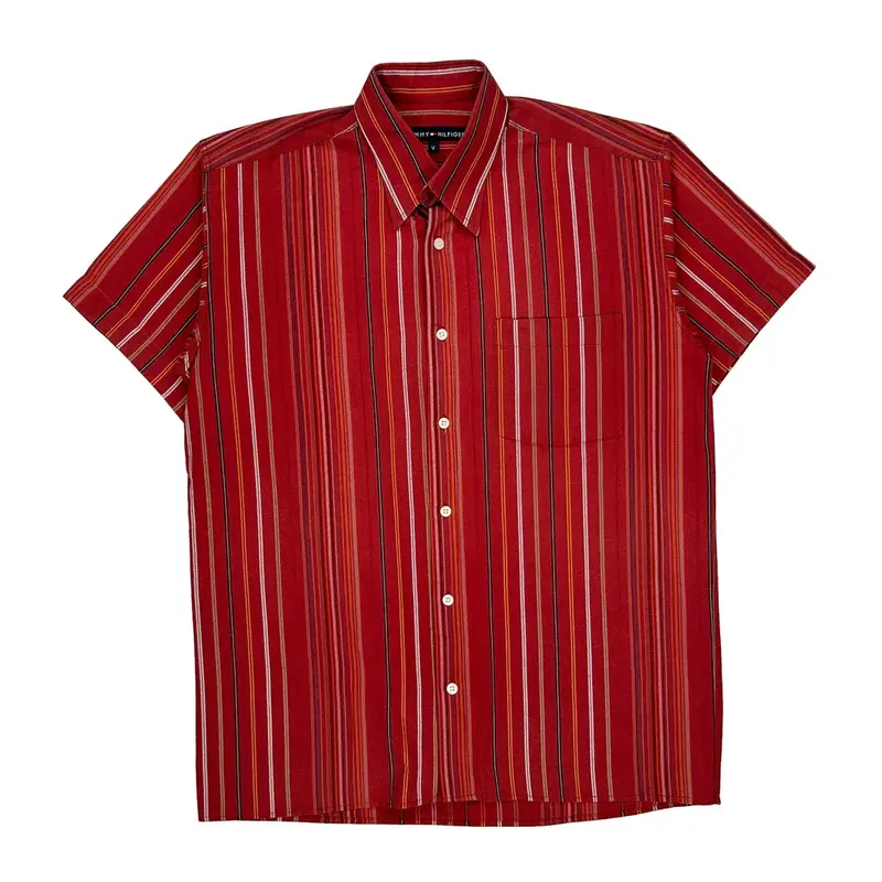 Tommy Hilfiger Striped Short Sleeve Shirt - Medium Red Cotton