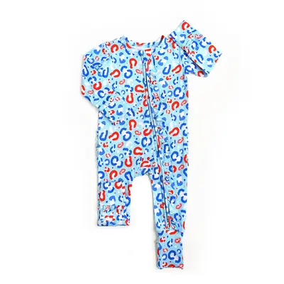 Kinsley Leopard RUFFLE ZIP Bamboo Baby 4th of July Toddler Outfit two way zipper gigi and max