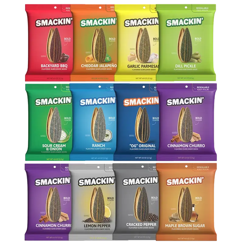 SMACKIN' Sunflower Seed Variety Pack - 12 Resealable 4 OZ Bags - 11 Flavors, Bold Flavor, No Salty Burn