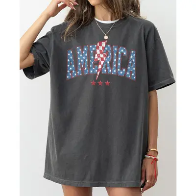 America, Retro, Lightening Bolt, USA, Patriotic, Independence Day, Fourth Of July, 4th Of July Tshirt, Women's, Comfort Color...