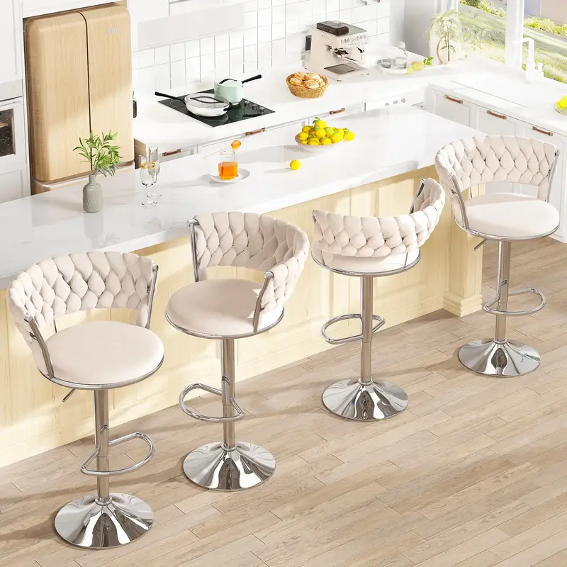 AWQM Velvet Bar Stools Set of 4（Two packages shipped）,  Minimalist Bar Chairs with Adjustable Height, Upholstered Kitchen...