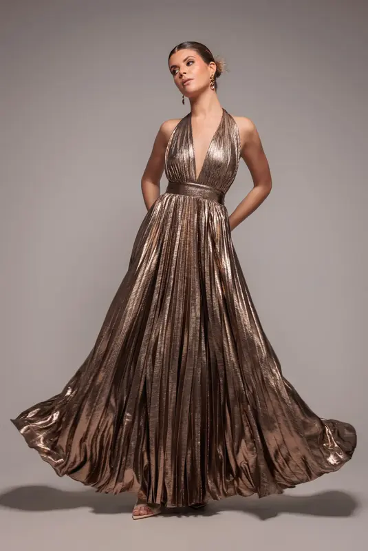 Goddiva Sunrise Foil Halterneck A-Line Maxi Dress - Bronze