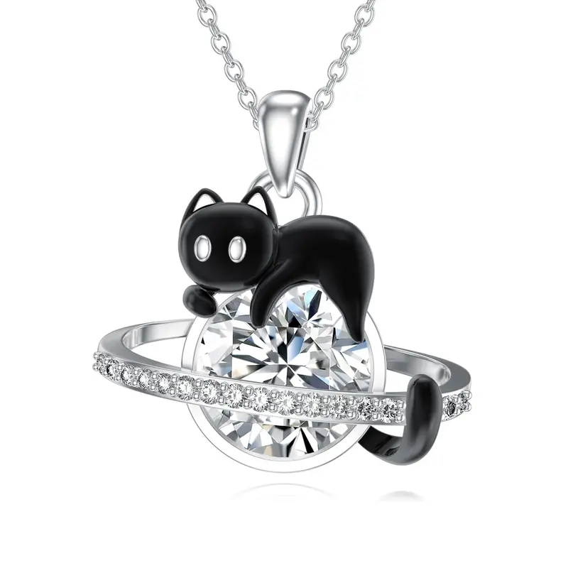 14K White Gold Moissanite Cat & Planet Pendant Necklace