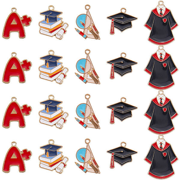 40Pcs 5 Styles Graduation Season Theme Alloy Enamel Pendants