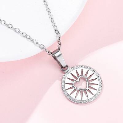 Flat Round with Heart 304 Stainless Steel Pendant Necklaces