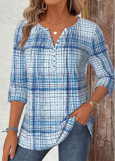 Modlily Light Blue Plaid Long Sleeve Split Neck Shirt - XXL