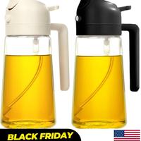 2 Pcs - 2 in 1 Oil Dispenser Bottle 470ml for Kitchen - Sprayer & Handle, Modern Style - Black & White, oil glass Utensils ki...