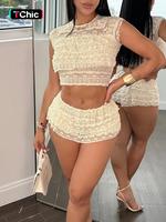 2025 Feminine Trendy, Women's Solid Ruffle Trim Crop Top & Tiered Layer Shorts Two-piece Set, Slim Fit Casual Fashion Cap Sle...