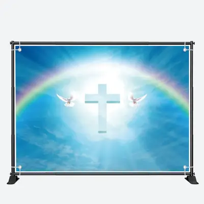 White Dove Cross Rainbow Blue Sky memorial Backdrop - Aperturee