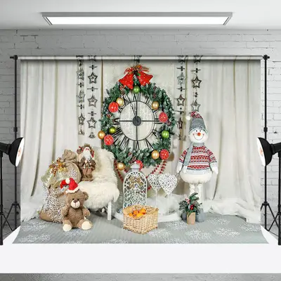 Aperturee White Curtain Christmas Dolls Wreath Photo Backdrop - Aperturee