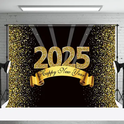 Aperturee Black Gold Dots Glitter 2025 Happy New Year Backdrop