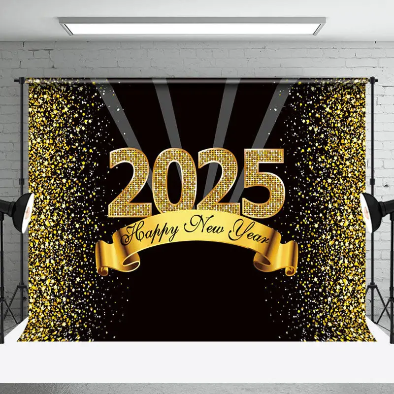 Aperturee Black Gold Dots Glitter 2025 Happy New Year Backdrop