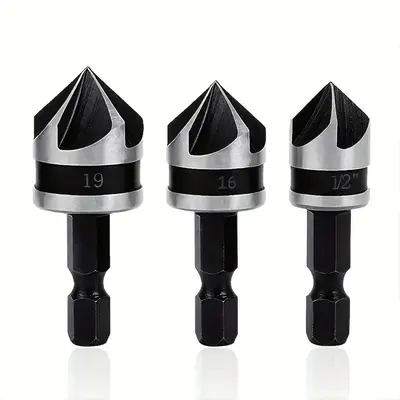Carbon Steel Countersink Drill Bit Set, 12mm 16mm 19mm Dia Round Shank 90 Degree 5 Flute Chamfer Tool for Woodworking, Woodwo...