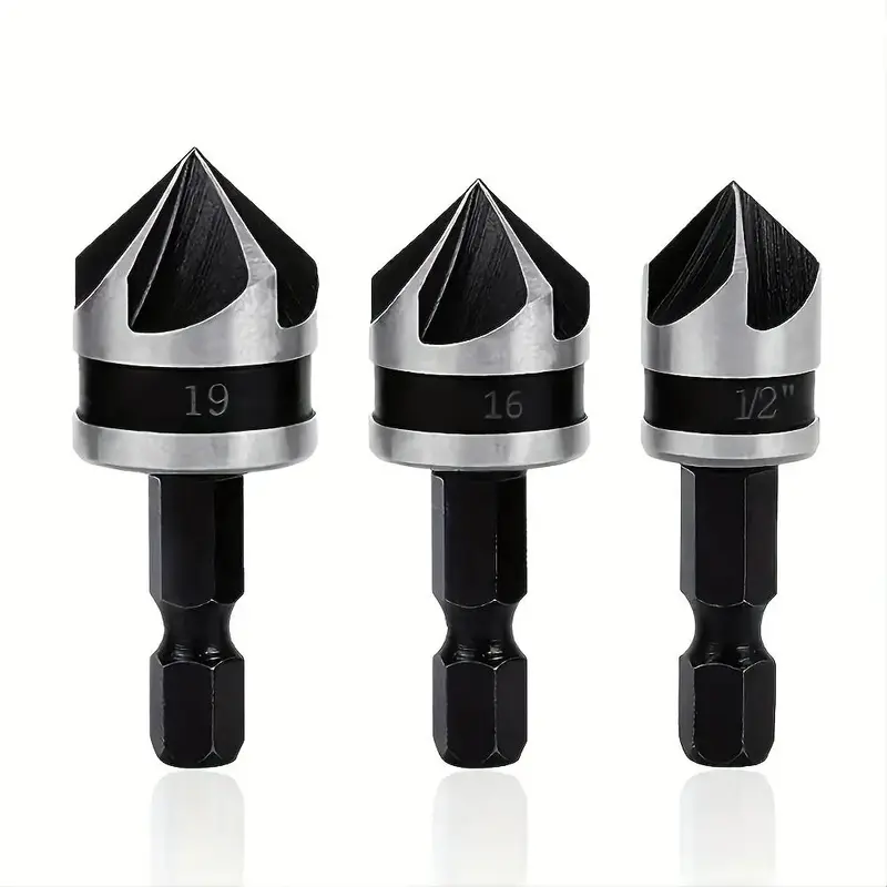 Carbon Steel Countersink Drill Bit Set, 12mm 16mm 19mm Dia Round Shank 90 Degree 5 Flute Chamfer Tool for Woodworking, Woodwo...