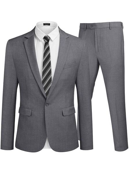 2 Piece Tuxedo Suit Set Blazer Jacket for Business (US Only), Grey / XXL