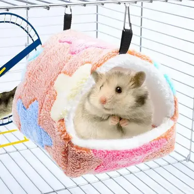 Cute Heart Print Hamster Sleeping Bed with Hooks Design, Hanging Soft Warm Winter House for Small Mice, Dwarf Hamster, Rabbit...