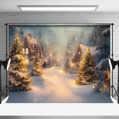 Aperturee Snowy Night Town Street Pine Trees Photo Backdrop - Aperturee