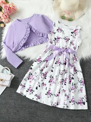 Two-piece Set Girl's Ruffle Trim Button Front Crop Cardigan & Bow Decor Floral Print Dress Set, Elegant Fashion Casual Outfit...