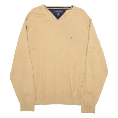 TOMMY HILFIGER Mens Jumper Brown V-Neck Tight Knit XL