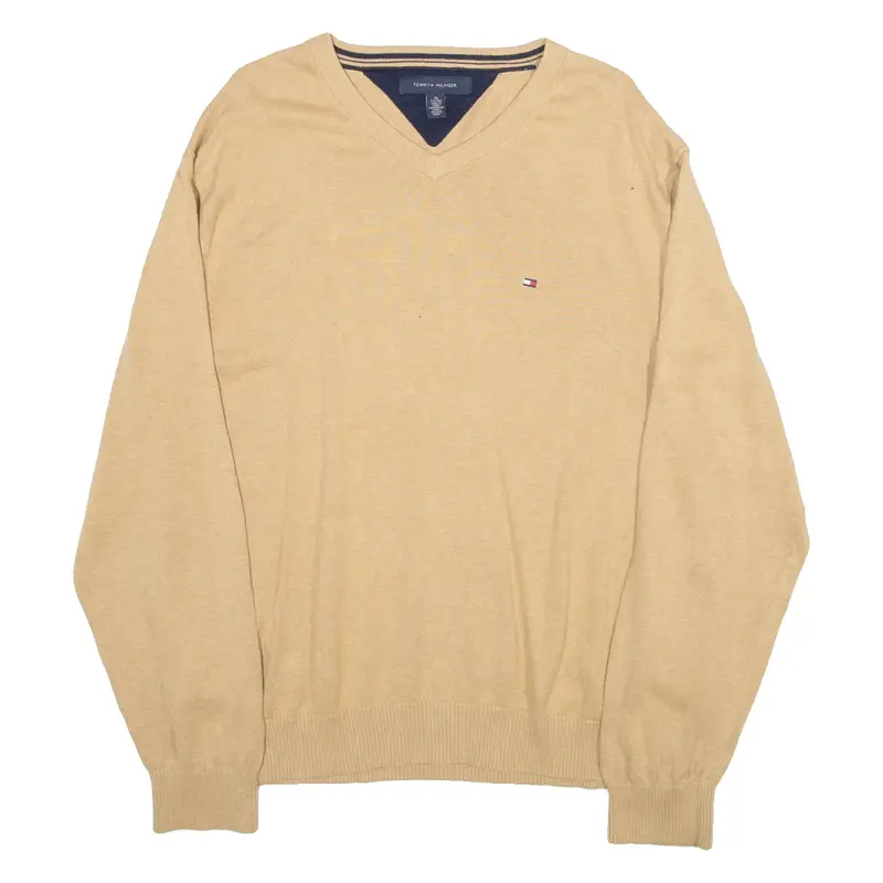 TOMMY HILFIGER Mens Jumper Brown V-Neck Tight Knit XL
