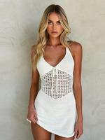 Women's Plain Hollow Out Sheer Tie Front Halter Neck Dress, Casual Boho Soft V Neck Backless Sleeveless Tie Back Bodycon Shor...
