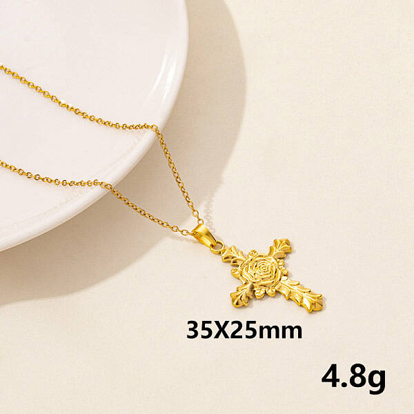 Stainless Steel Cross with Rose Pendant Necklace