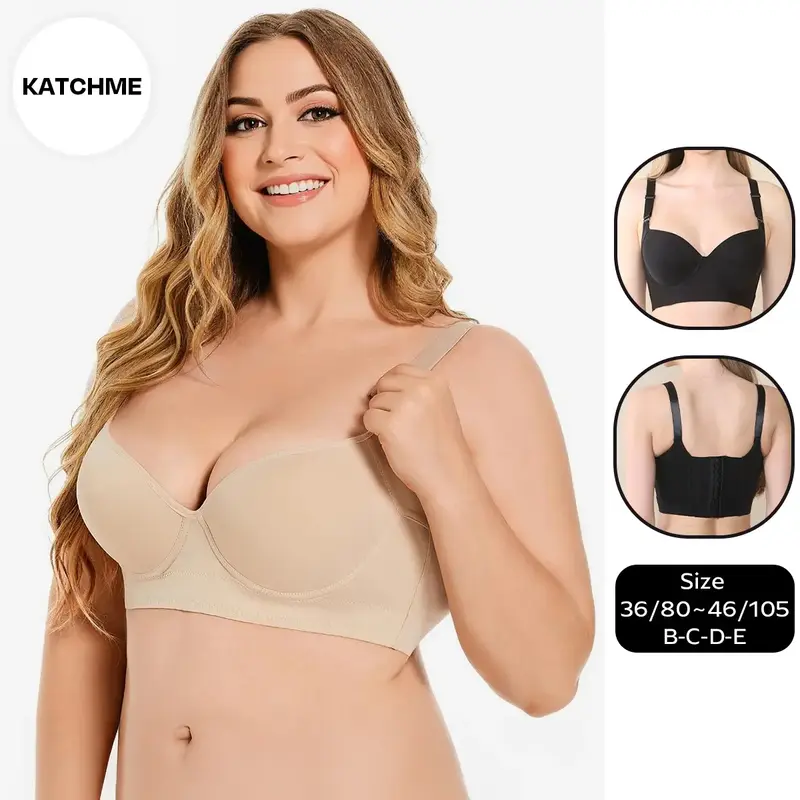 KatchMe Women's Basic Solid Adjustable Strap Soft Underwire Push-Up Bra,Deep V Detachable Wide Straps Underwire Bra,Suitable ...