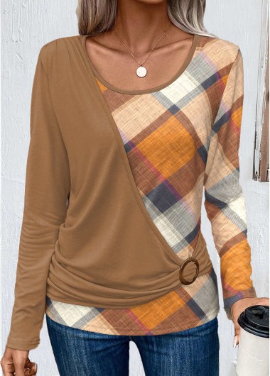Modlily Dark Coffee Layered Plaid Long Sleeve T Shirt - M