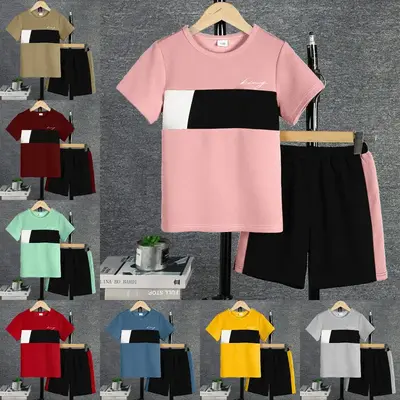 Baby Boys Clothes Color Block Summer Short Sleeve Casual Tee Elastic Side Splicing Shorts 2Pcs Outfits Sizes 1-15