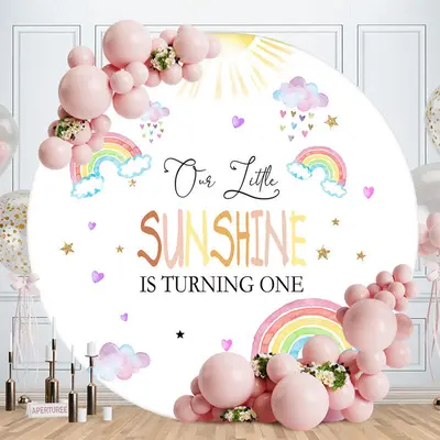 Lovely Rainbow Cloud Sunshine Round Birthday Backdrop - Aperturee
